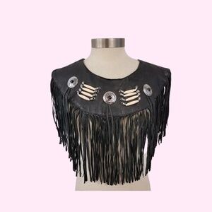 Vintage Ascot LEATHER FRINGE WESTERN CONCHO PONCHO VEST WRAP Black